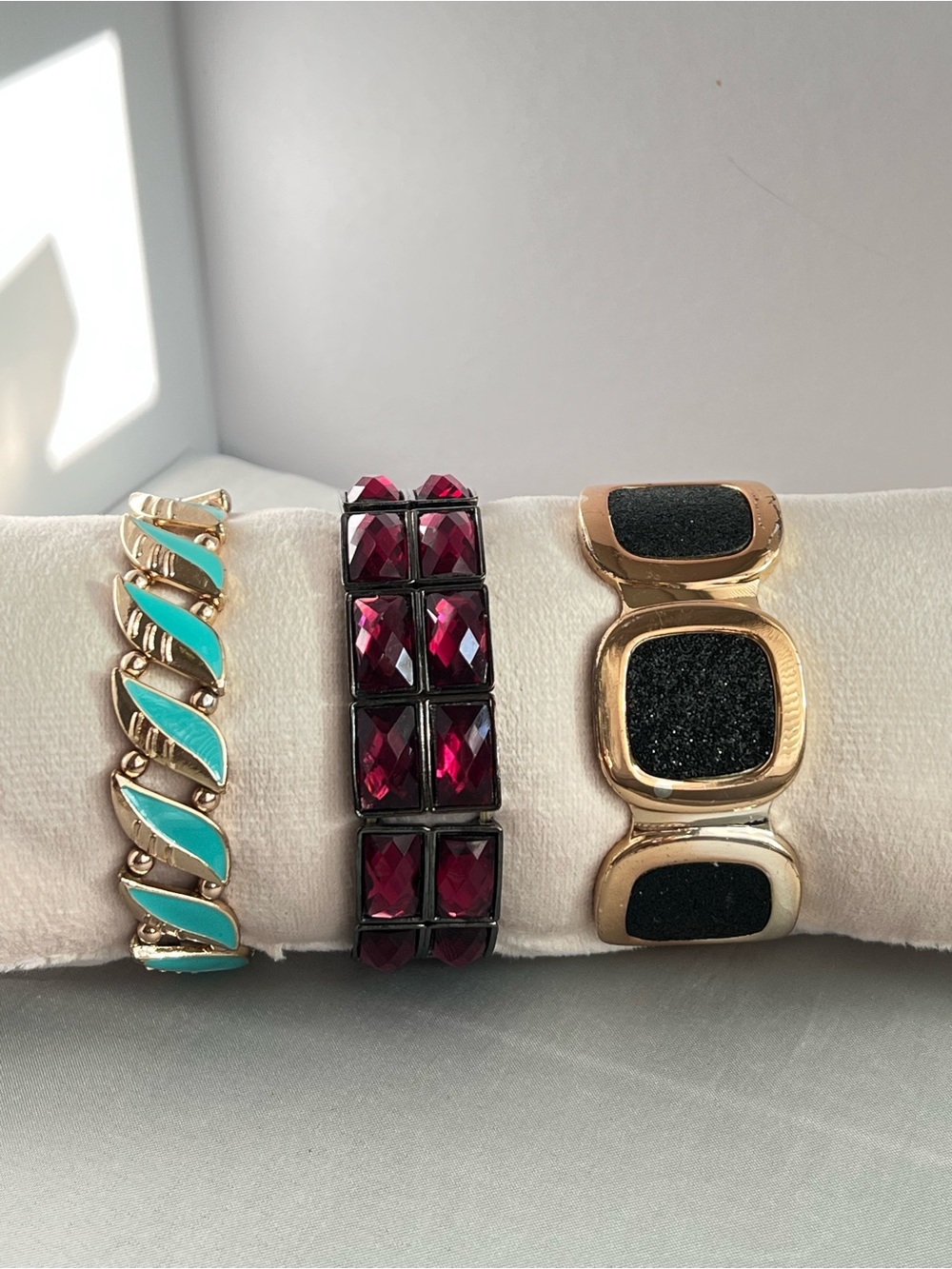 Bundle of 3 Fashion Bracelets: Red Crystal, Turquoise Enamel & Black Bangle